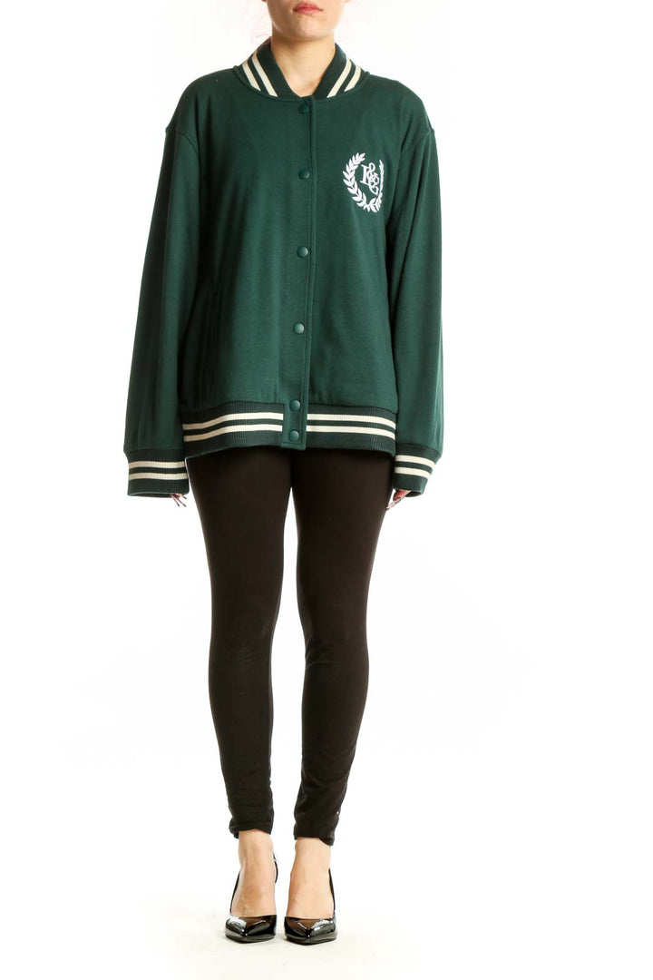 Lou & Grey forest green varsity bomber jacket with embroidered laurel wreath logo and cream striped ribbing, front view