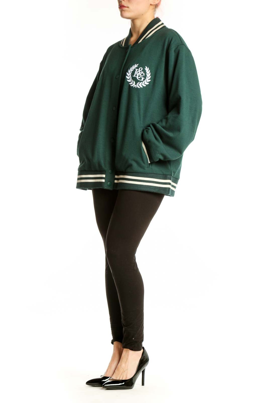 Lou & Grey forest green varsity bomber jacket with embroidered laurel wreath logo and cream striped ribbing, front view