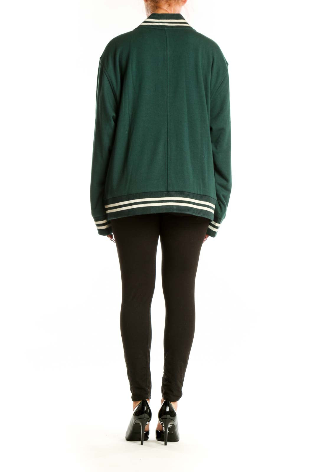 Lou & Grey forest green varsity bomber jacket with embroidered logo and striped hem detail, back view