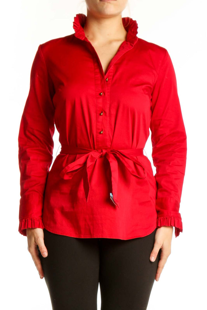 Red ruffle collar button-up blouse with tie-waist by Elizabeth McKay, front view