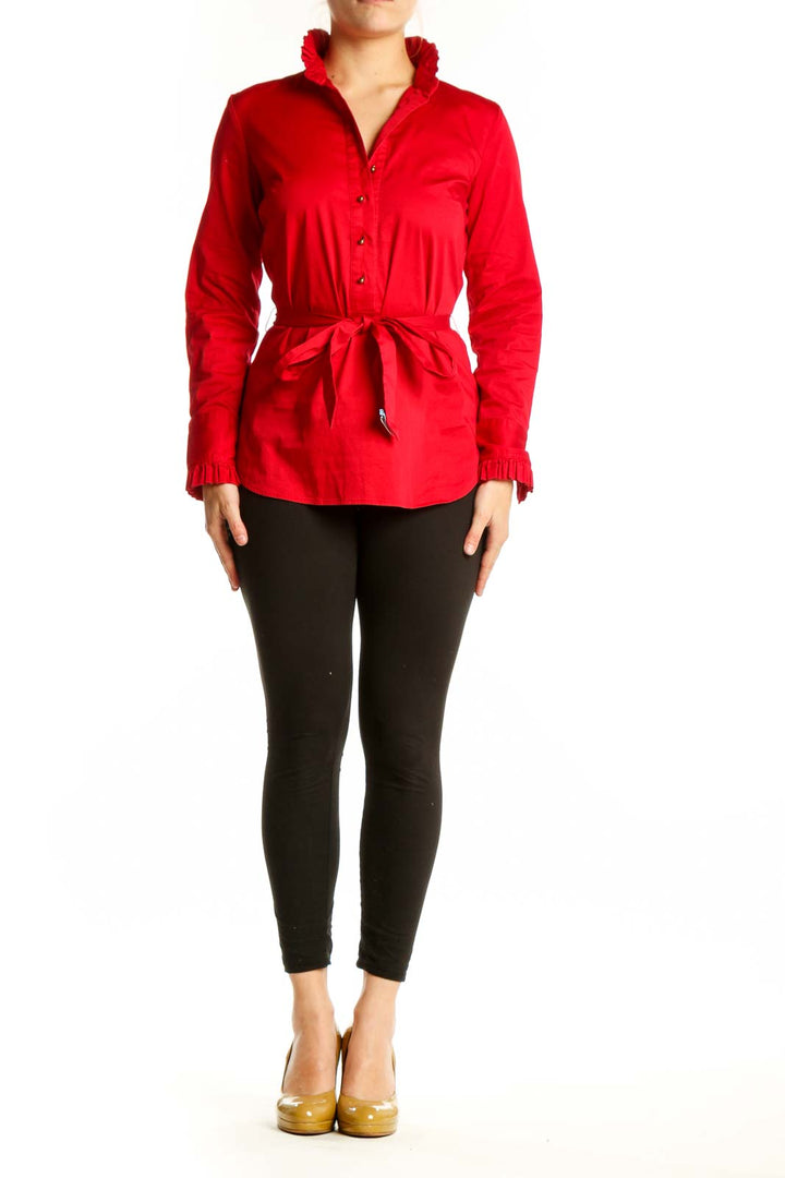Red ruffle collar button-up blouse with tie-waist by Elizabeth McKay, front view