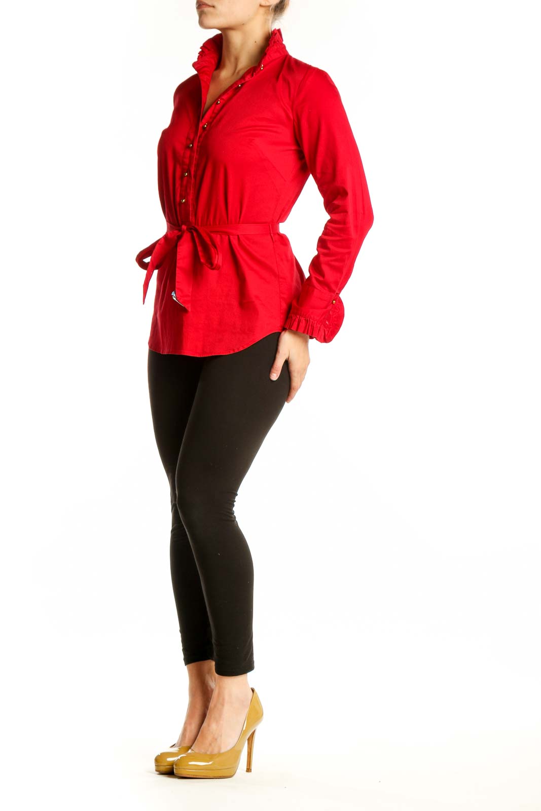 Red ruffle collar button-up blouse with tie-waist by Elizabeth McKay, front view