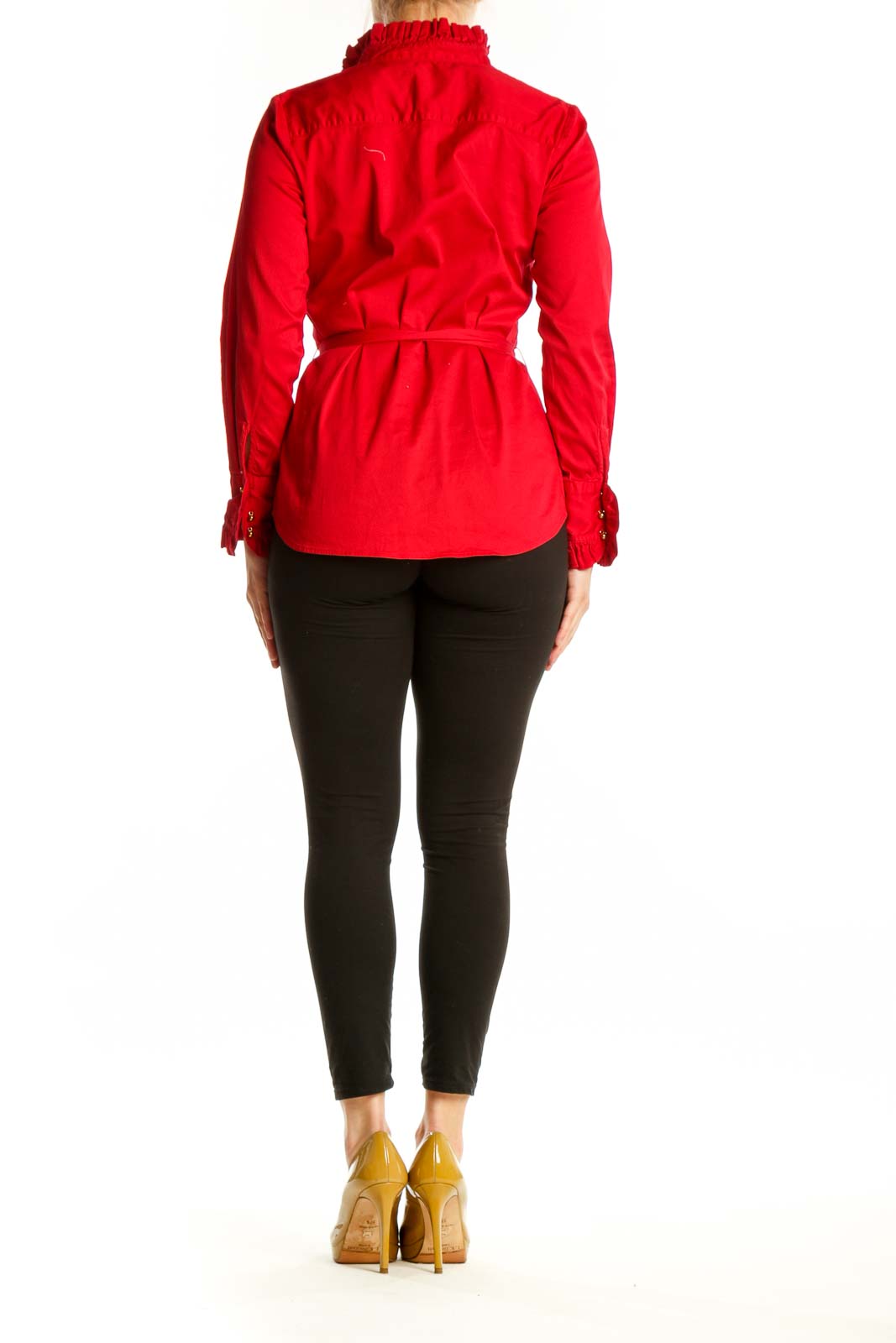 Red ruffle collar button-up blouse with tie-waist by Elizabeth McKay, back view