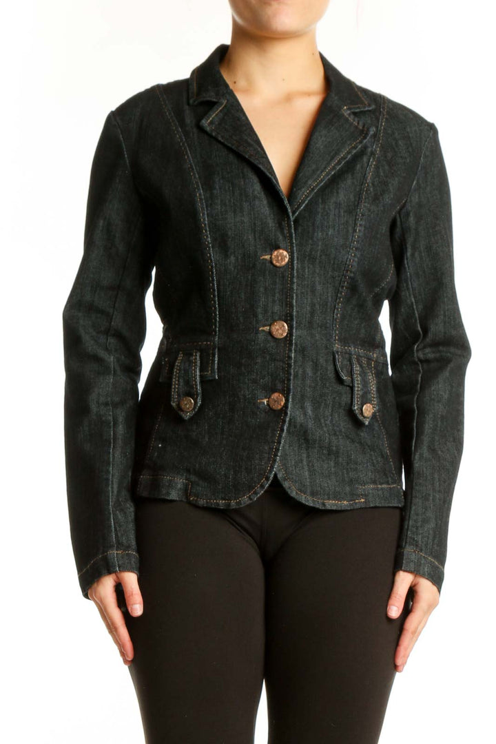 Black denim blazer with notched lapel, copper buttons, and tailored fit - front view