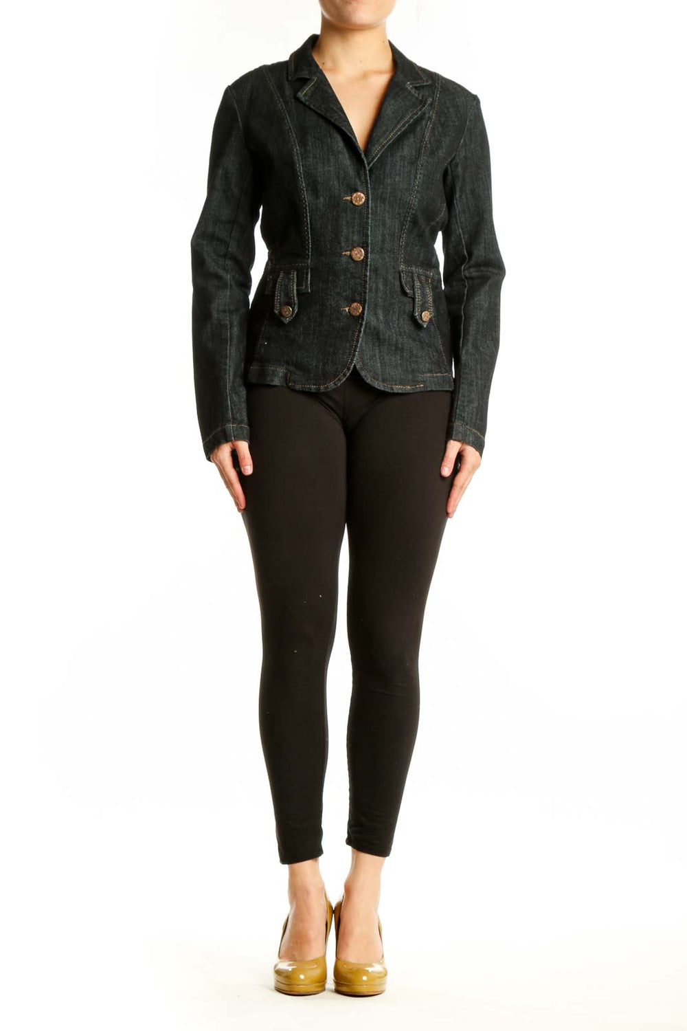 Black denim blazer with notched lapel, copper buttons, and tailored fit - front view