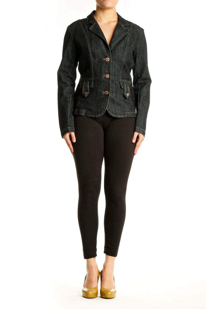 Black denim blazer with notched lapel, copper buttons, and tailored fit - front view