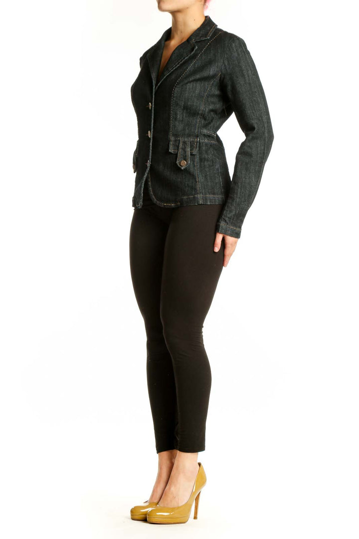 Black denim blazer with notched lapel, copper buttons, and tailored fit - front view