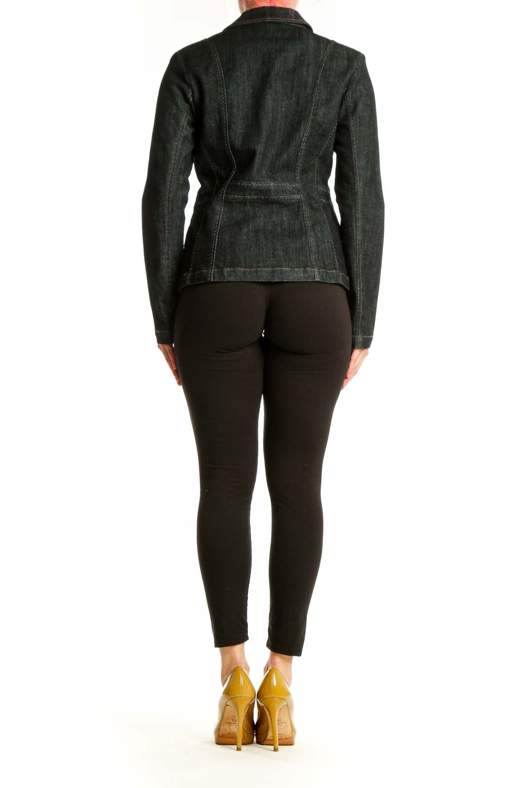 Black denim blazer with cinched waist and functional pockets - back view