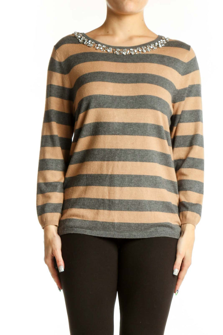 Beige and charcoal striped sweater with rhinestone embellished neckline, front view