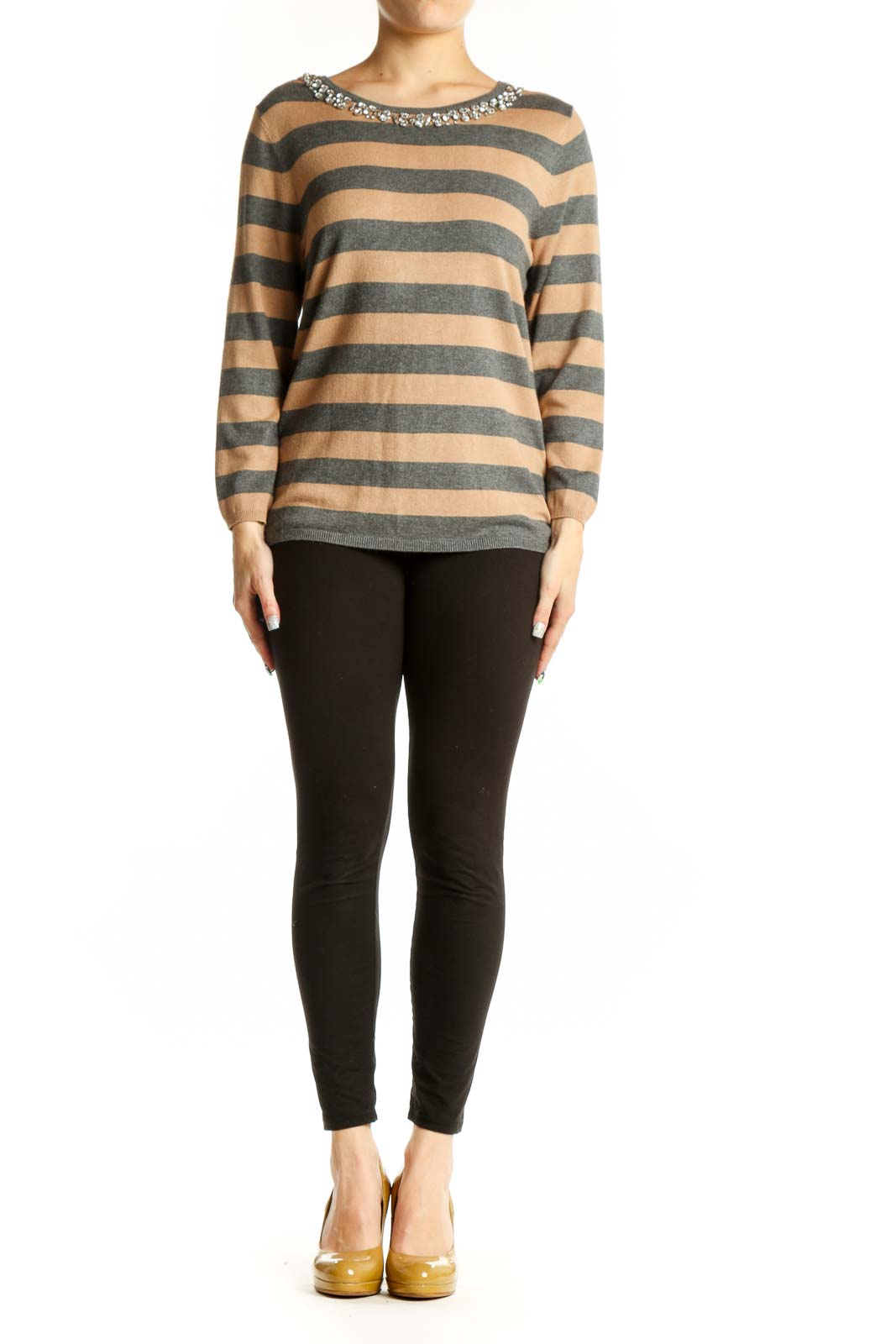 Beige and charcoal striped sweater with rhinestone embellished neckline, front view