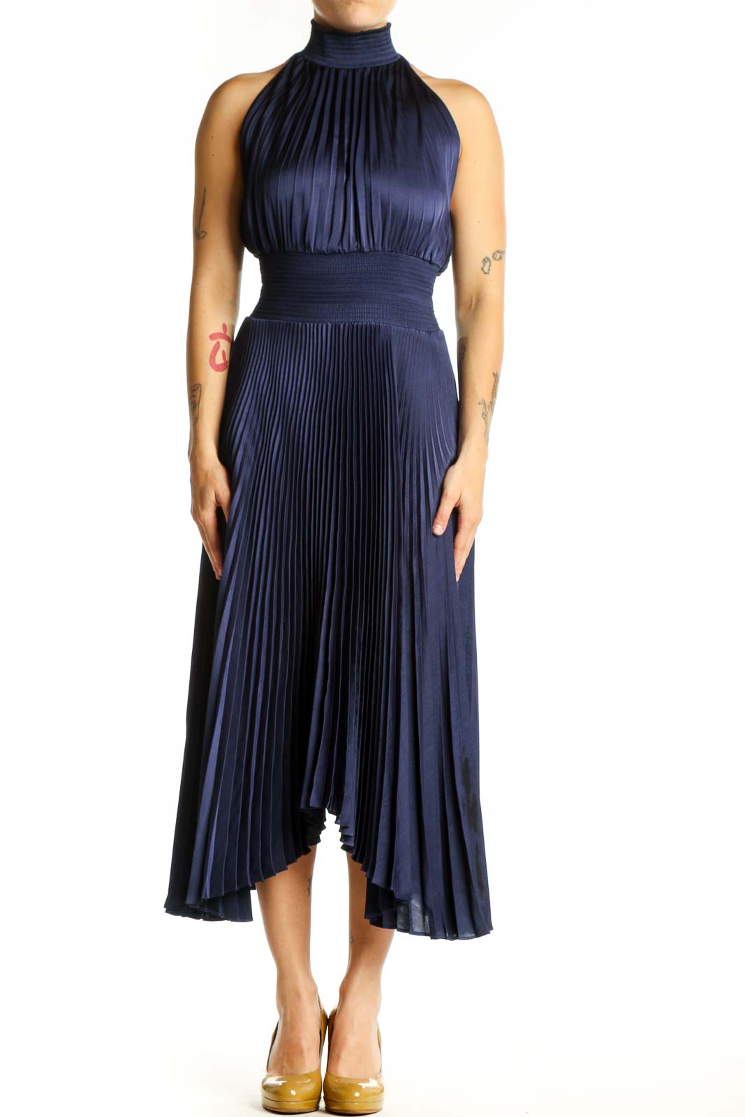Navy pleated halter midi dress with cinched waist and asymmetrical hemline, front view