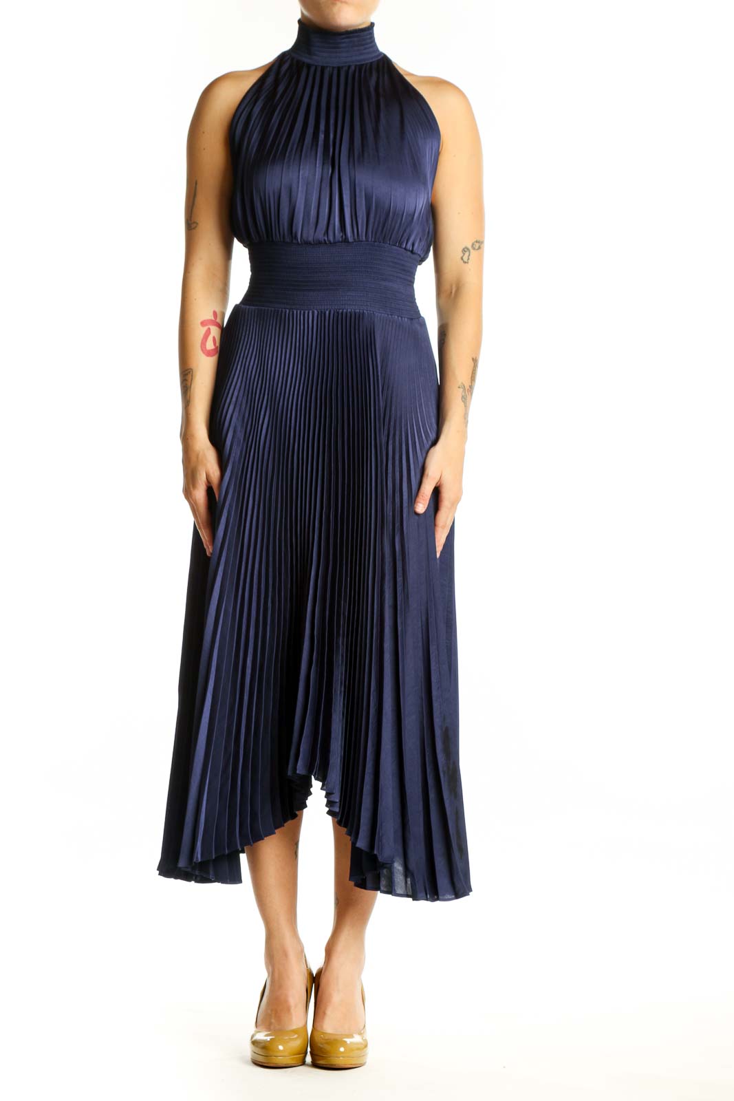 Navy pleated halter midi dress with cinched waist and asymmetrical hemline, front view