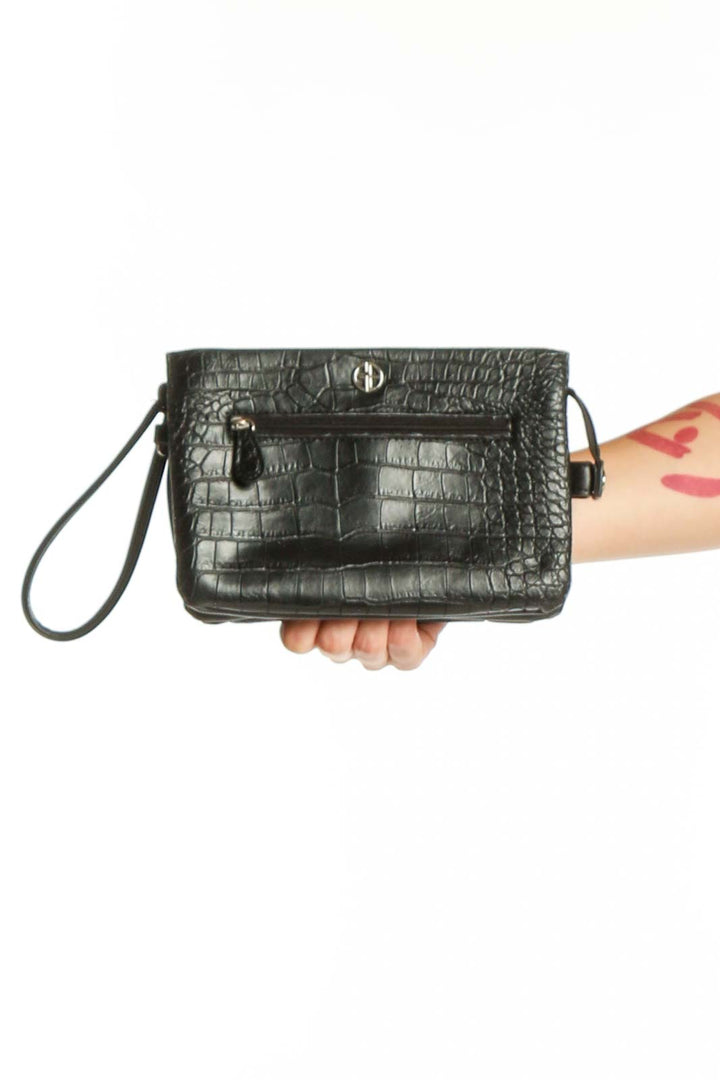 Black crocodile-embossed clutch wristlet by Giani Bernini with detachable strap and front pocket detail