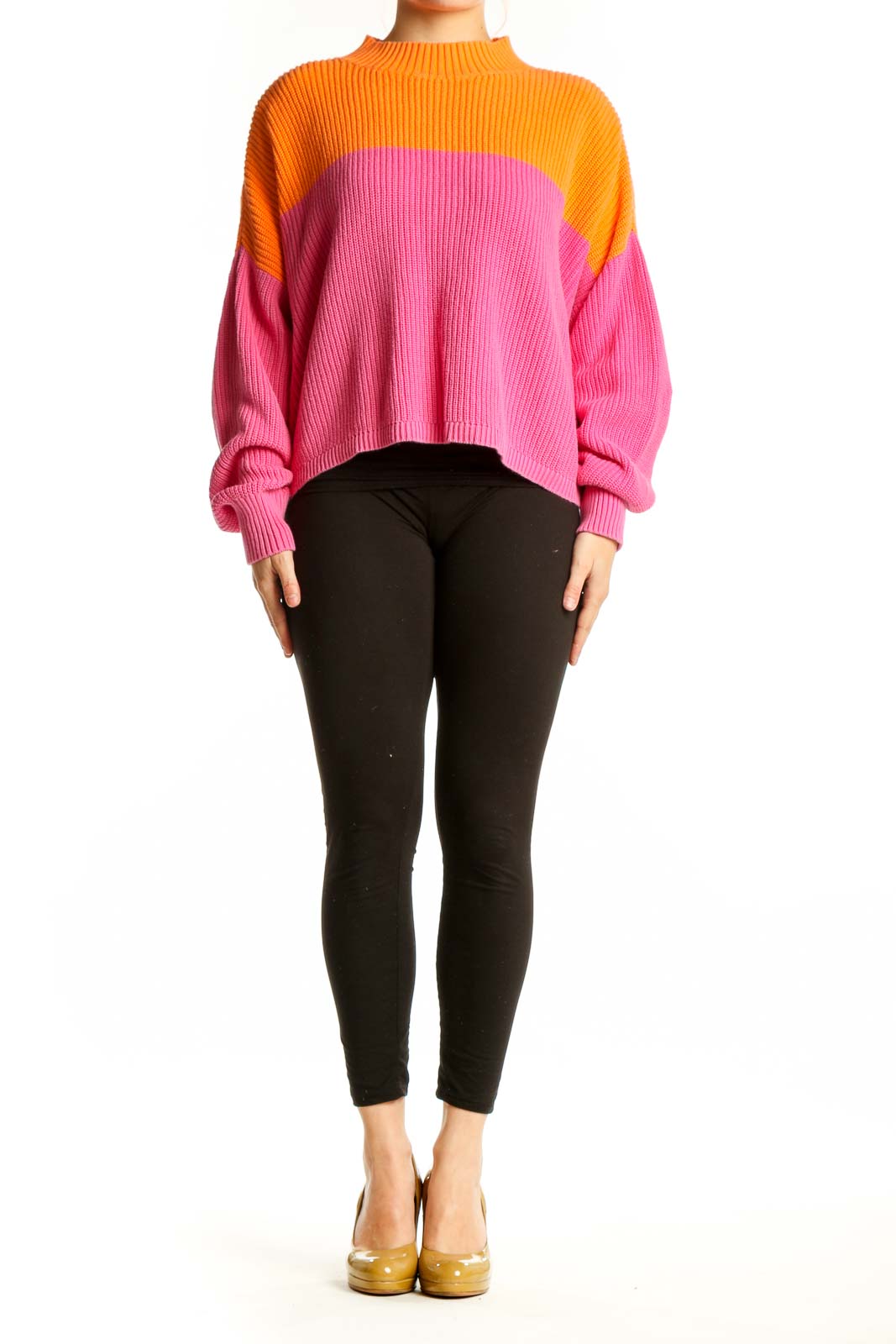 Orange and pink color block knit pullover with crew neckline and long sleeves, front view