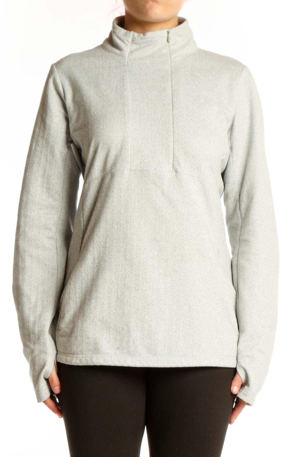 Cream Kyodan pullover sweatshirt with turtleneck and thumbholes, front view on model