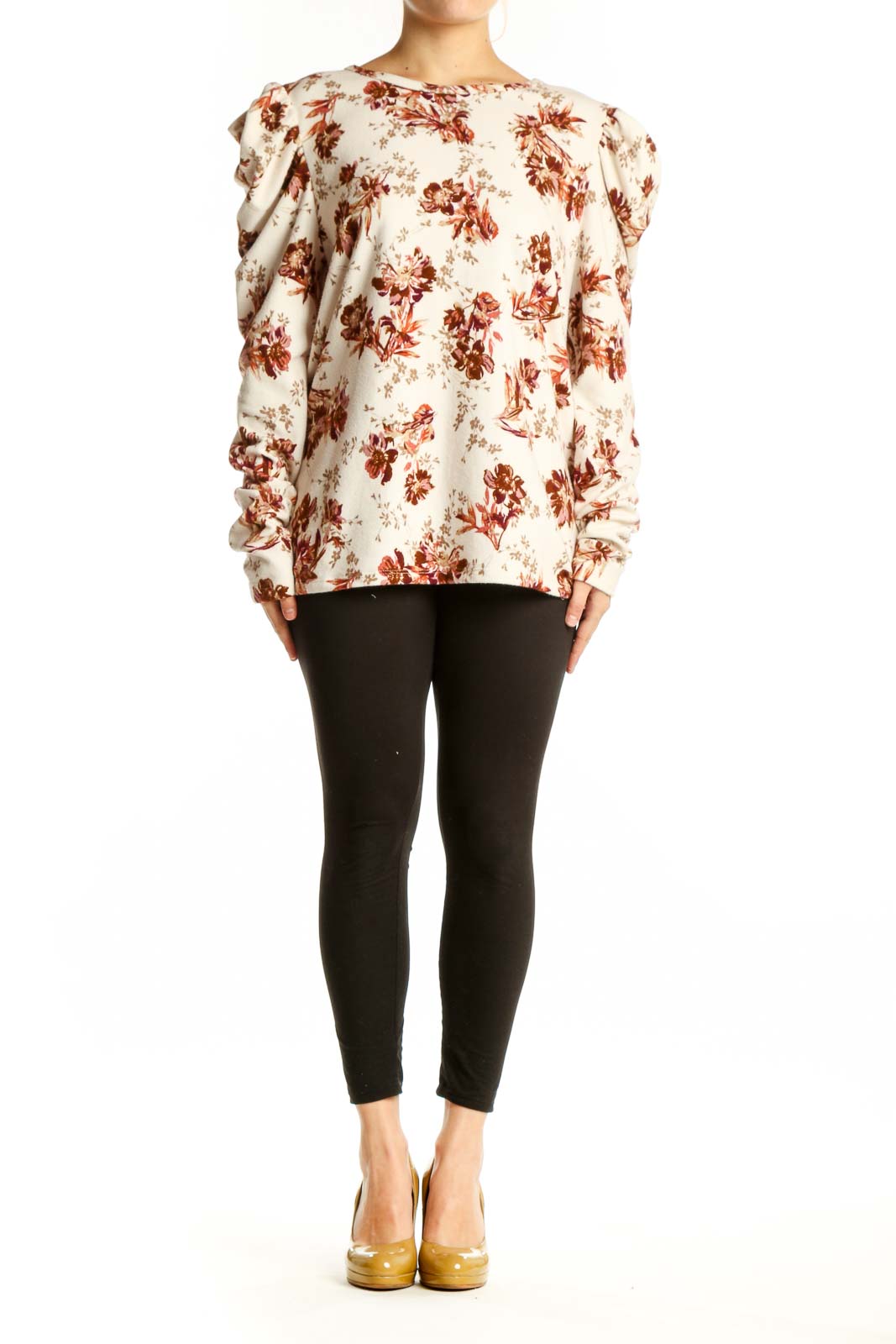 Cream floral blouse with burgundy botanical print and puff sleeves, front view on model