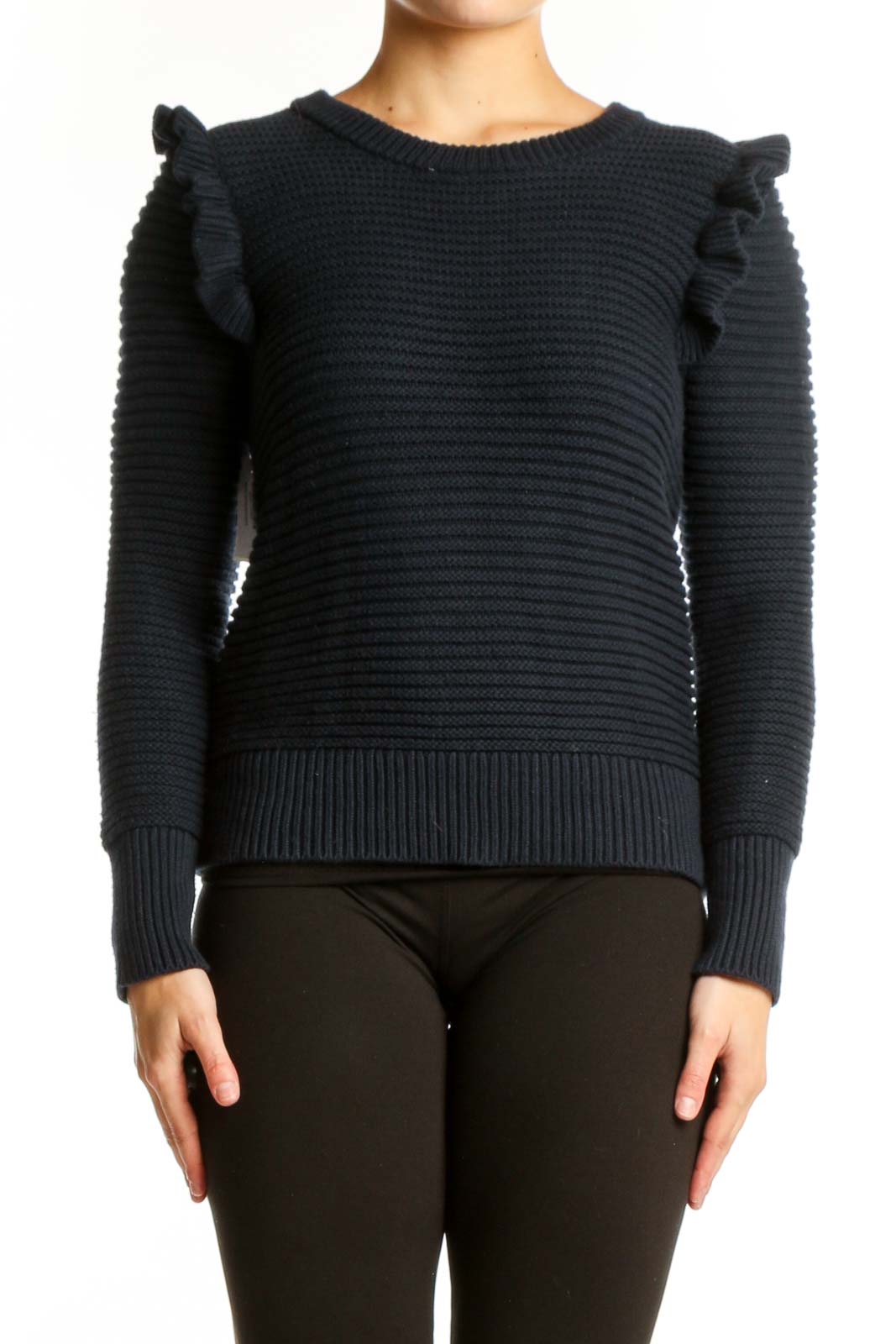 Navy ruffle shoulder knit sweater front view on model, Banana Republic size S