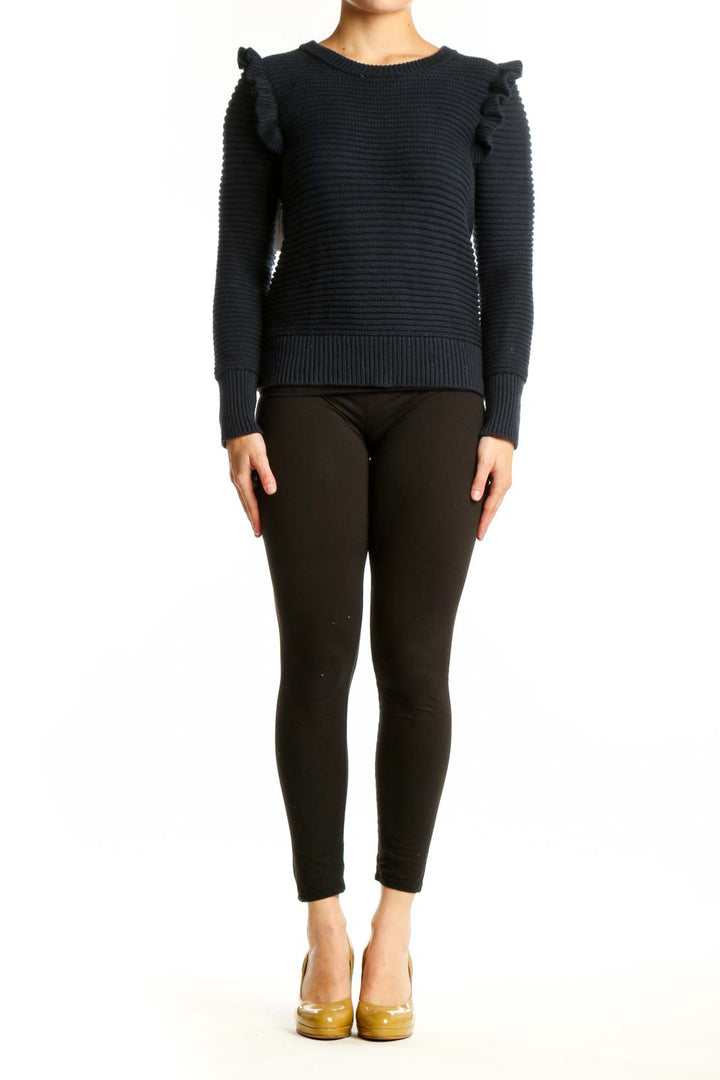 Navy ruffle shoulder knit sweater front view on model, Banana Republic size S