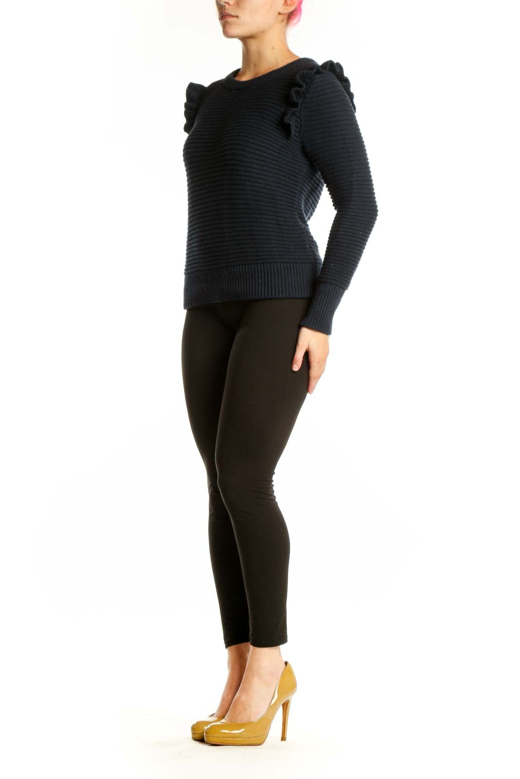 Navy ruffle shoulder knit sweater front view on model, Banana Republic size S
