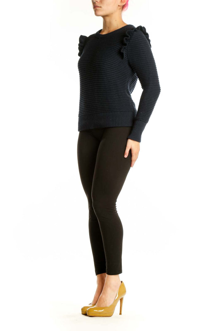 Navy ruffle shoulder knit sweater front view on model, Banana Republic size S