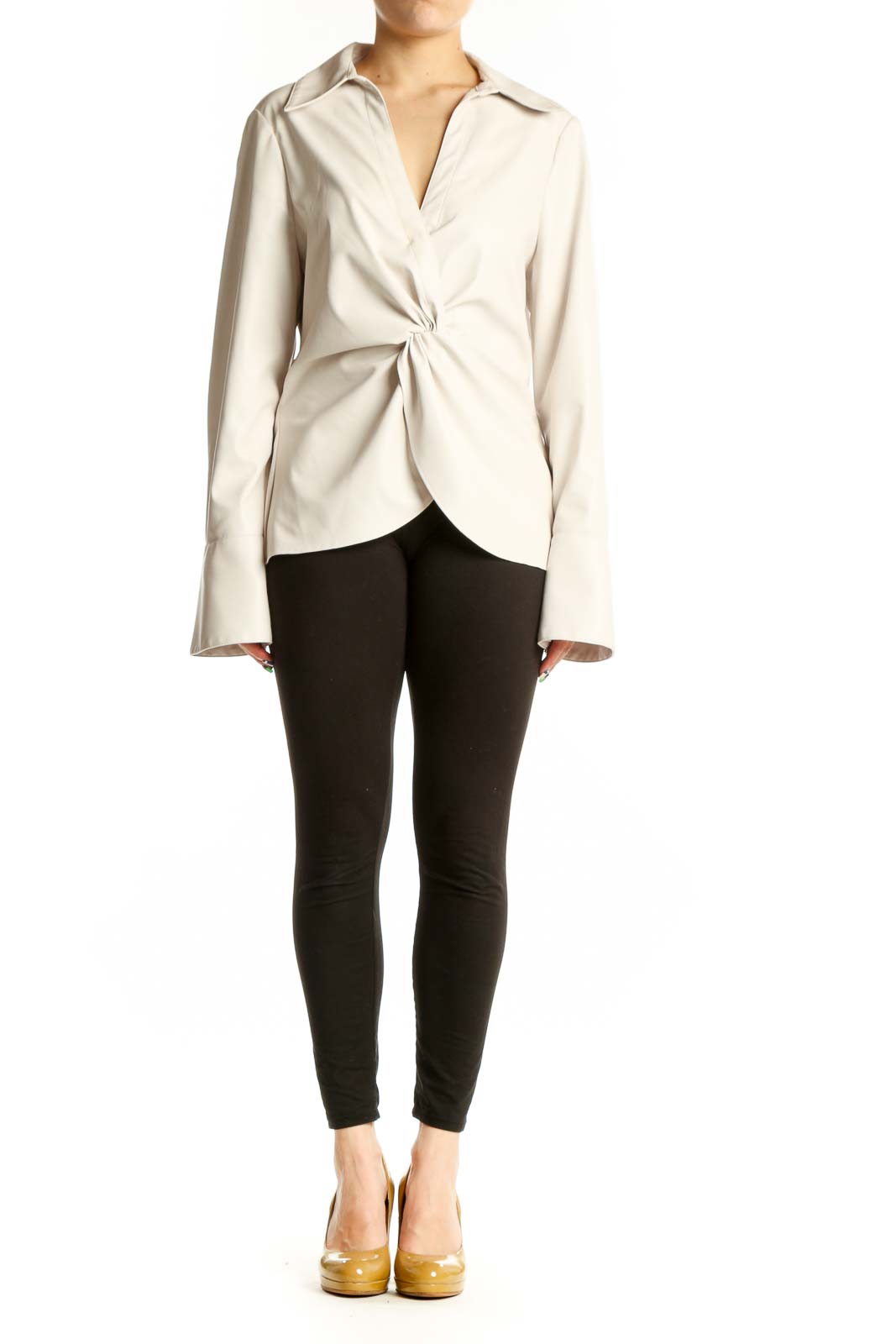 Cream faux-leather twist-front blouse with long sleeves and collared neckline, front view