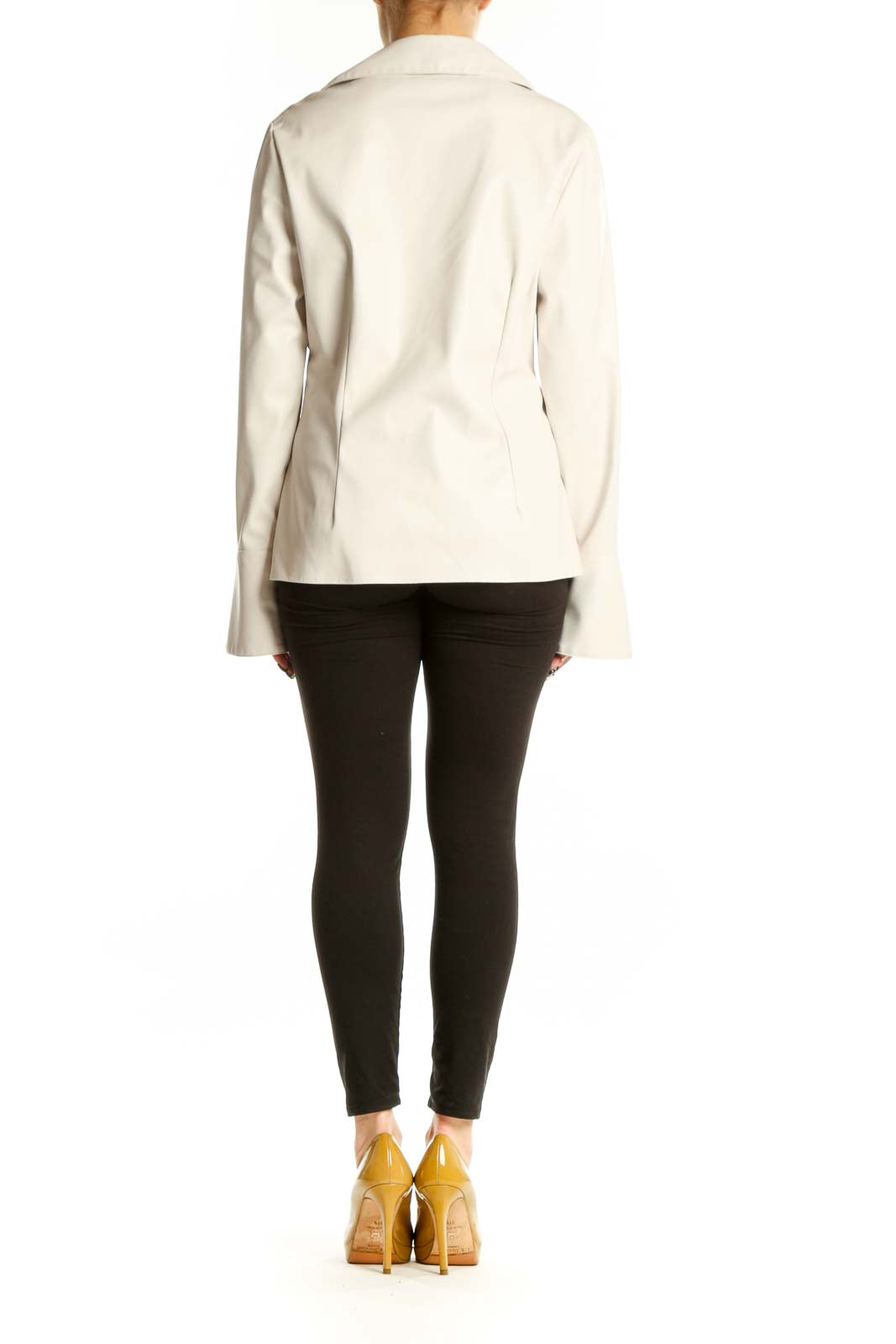 Cream faux-leather twist-front blouse with long sleeves, back view showing elegant draping