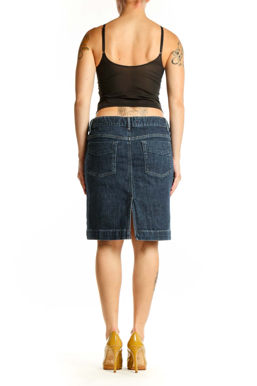 Dark blue denim knee-length skirt back view, showing classic denim construction and fit