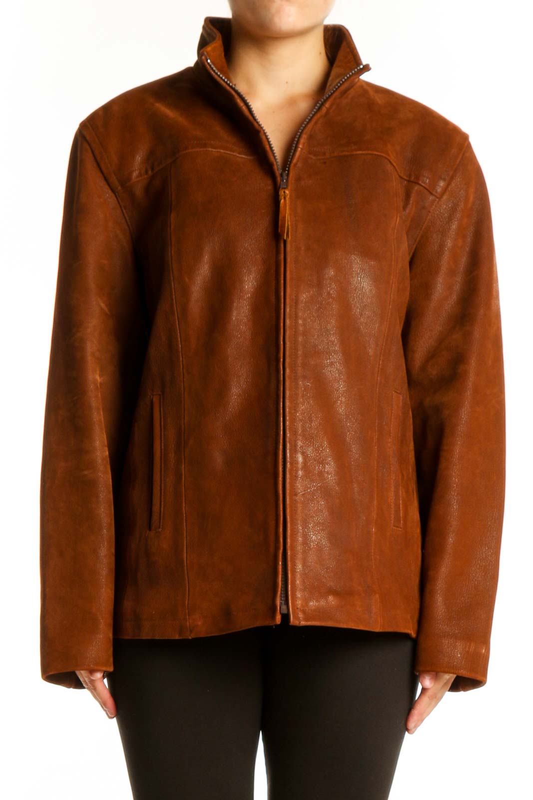 Cognac genuine leather zip-up jacket by LONE PINE with stand collar, front view