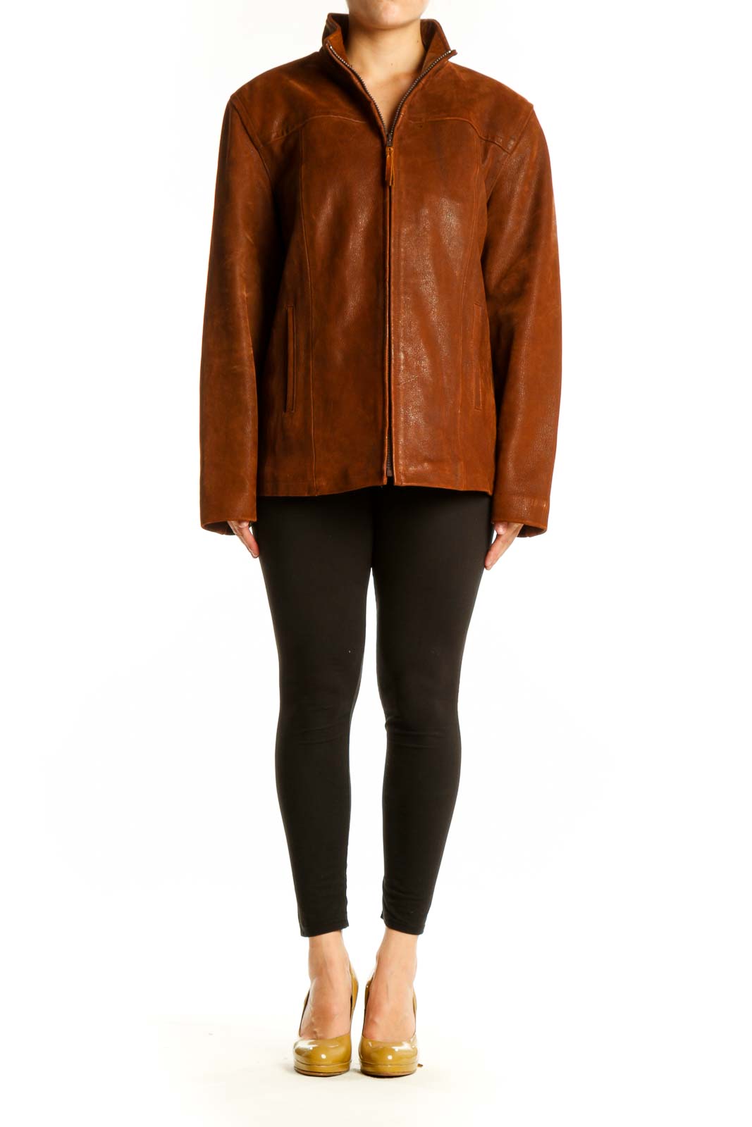 Cognac genuine leather zip-up jacket by LONE PINE with stand collar, front view