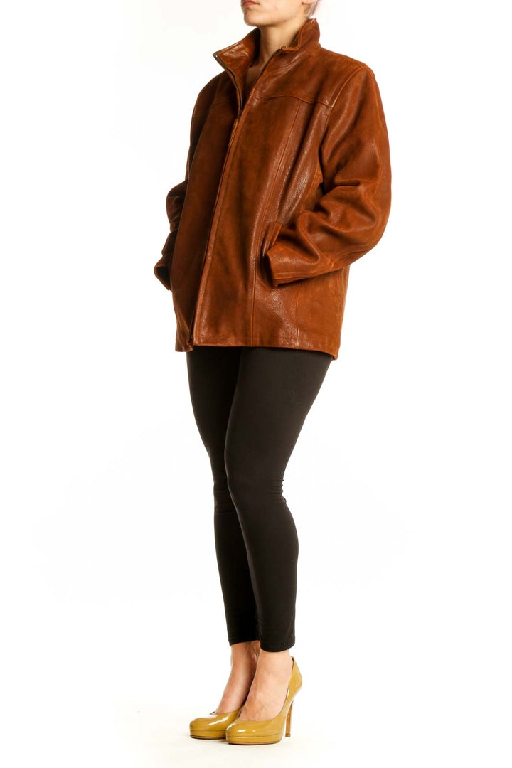 Cognac genuine leather zip-up jacket by LONE PINE with stand collar, front view