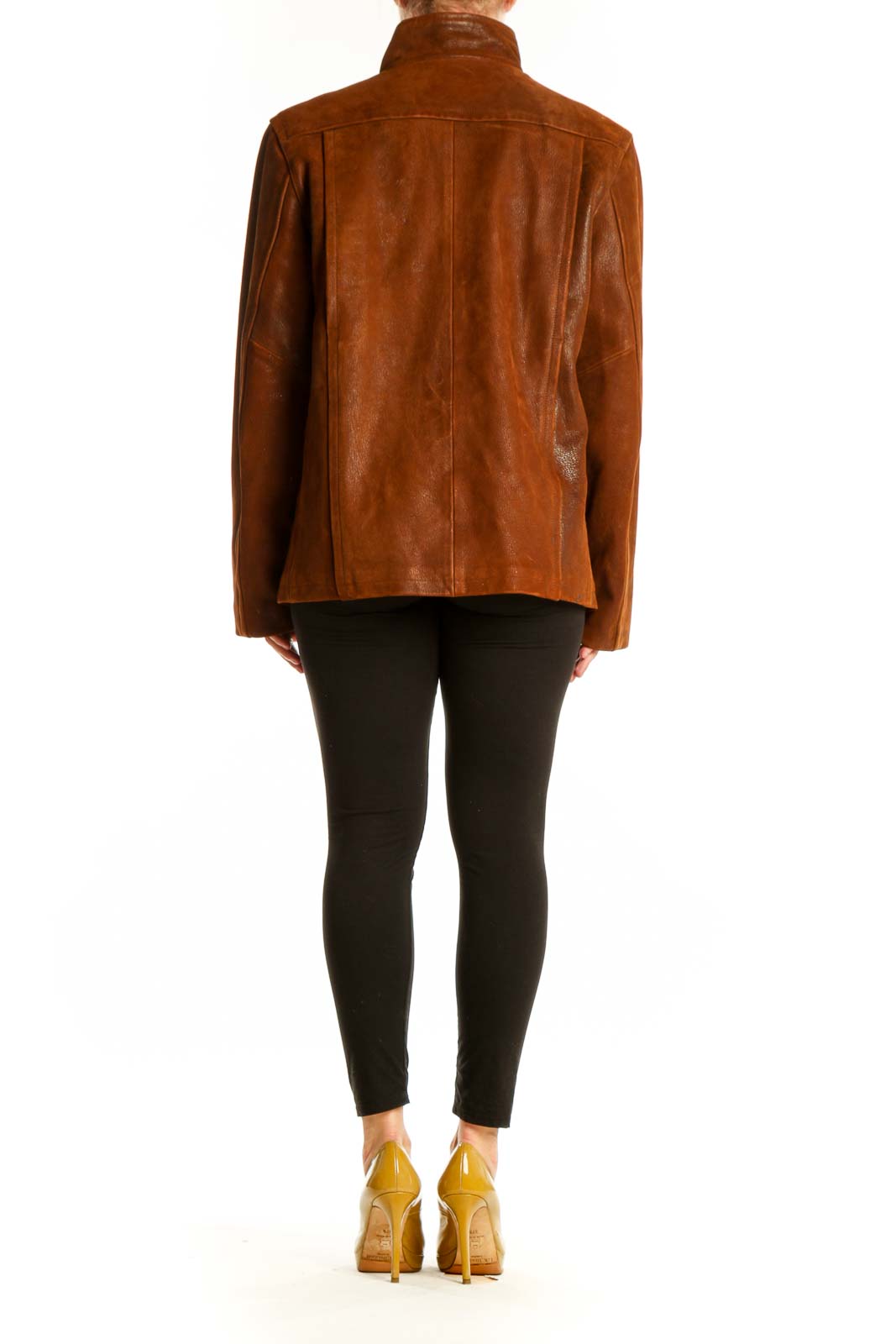Cognac genuine leather zip-up jacket by LONE PINE, back view showing classic cut and fit