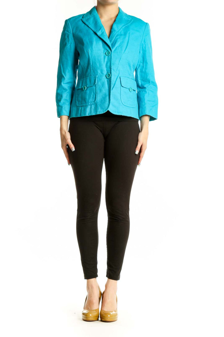 Front view of turquoise petite blazer from Ann Taylor Petites with notched lapels and patch pockets