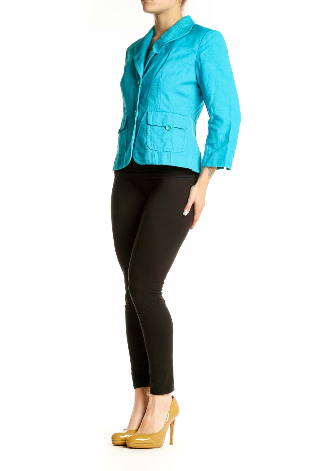 Front view of turquoise petite blazer from Ann Taylor Petites with notched lapels and patch pockets