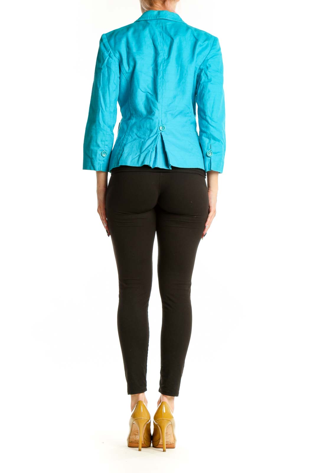 Back view of turquoise petite blazer showing tailored fit and cropped length