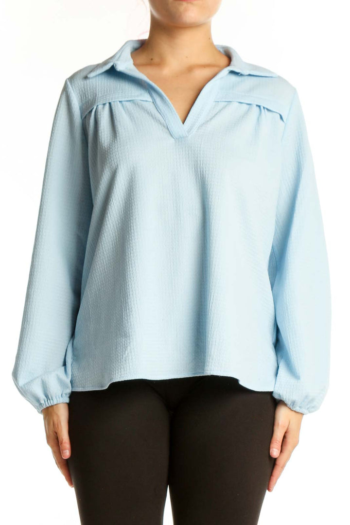 Light blue collared pullover top with pleated chest detailing and voluminous long sleeves
