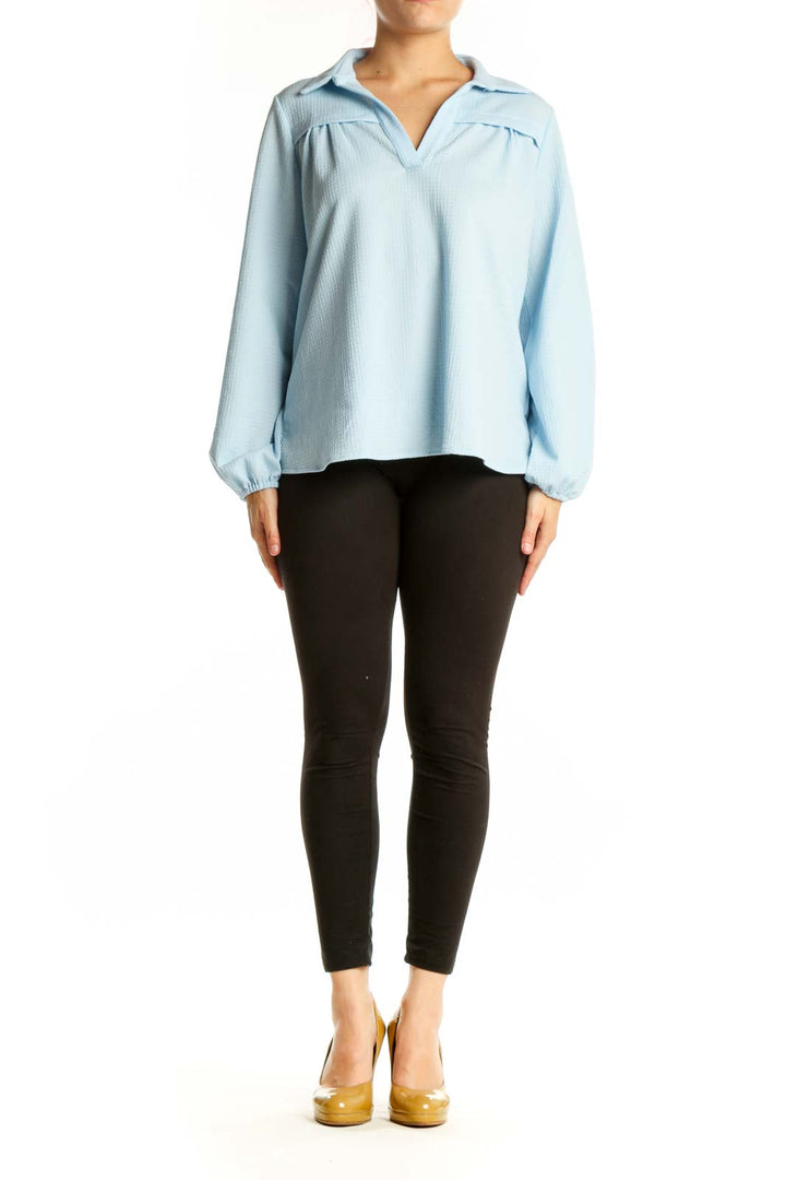 Light blue collared pullover top with pleated chest detailing and voluminous long sleeves