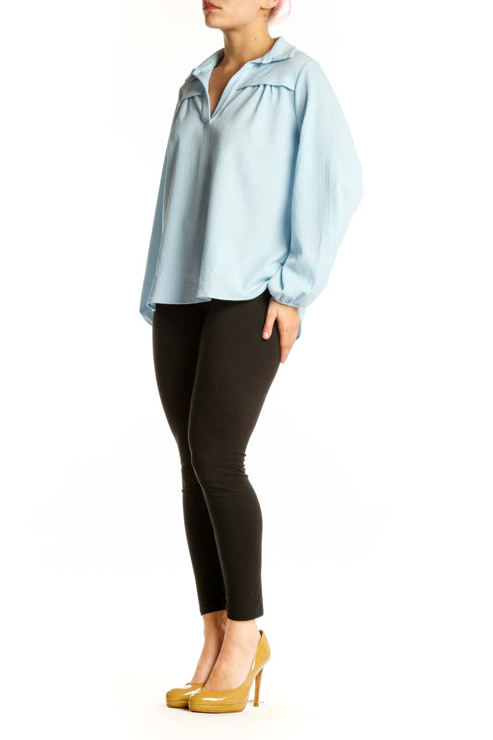 Light blue collared pullover top with pleated chest detailing and voluminous long sleeves