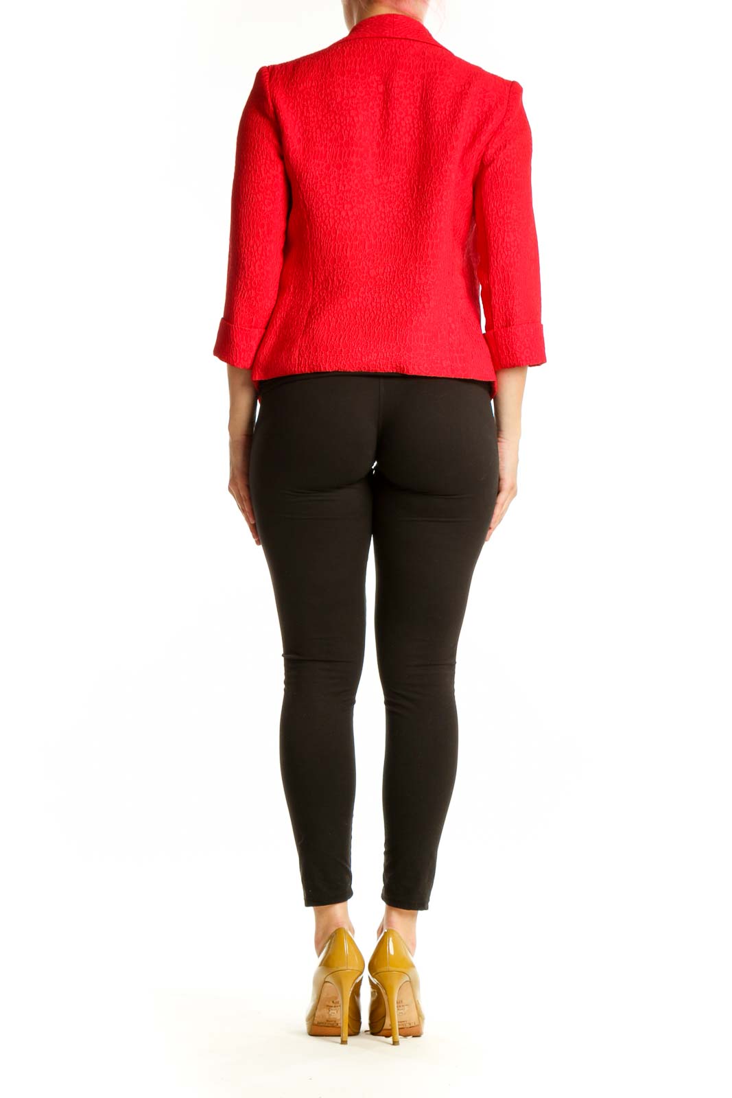 Back view of red textured blazer by Alberto Makali showing relaxed fit and three-quarter sleeve length