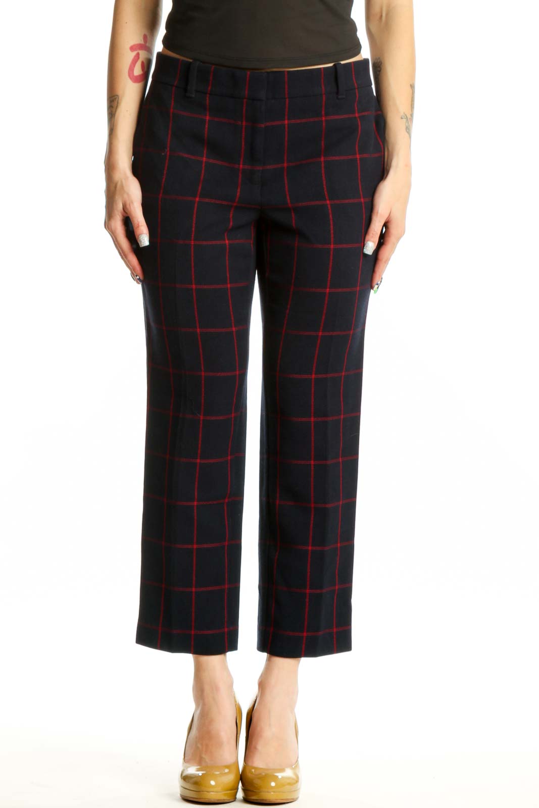Navy and red plaid cropped dress pants front view, Ann Taylor size small