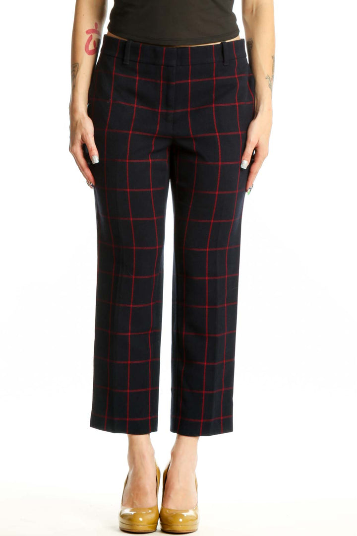 Navy and red plaid cropped dress pants front view, Ann Taylor size small
