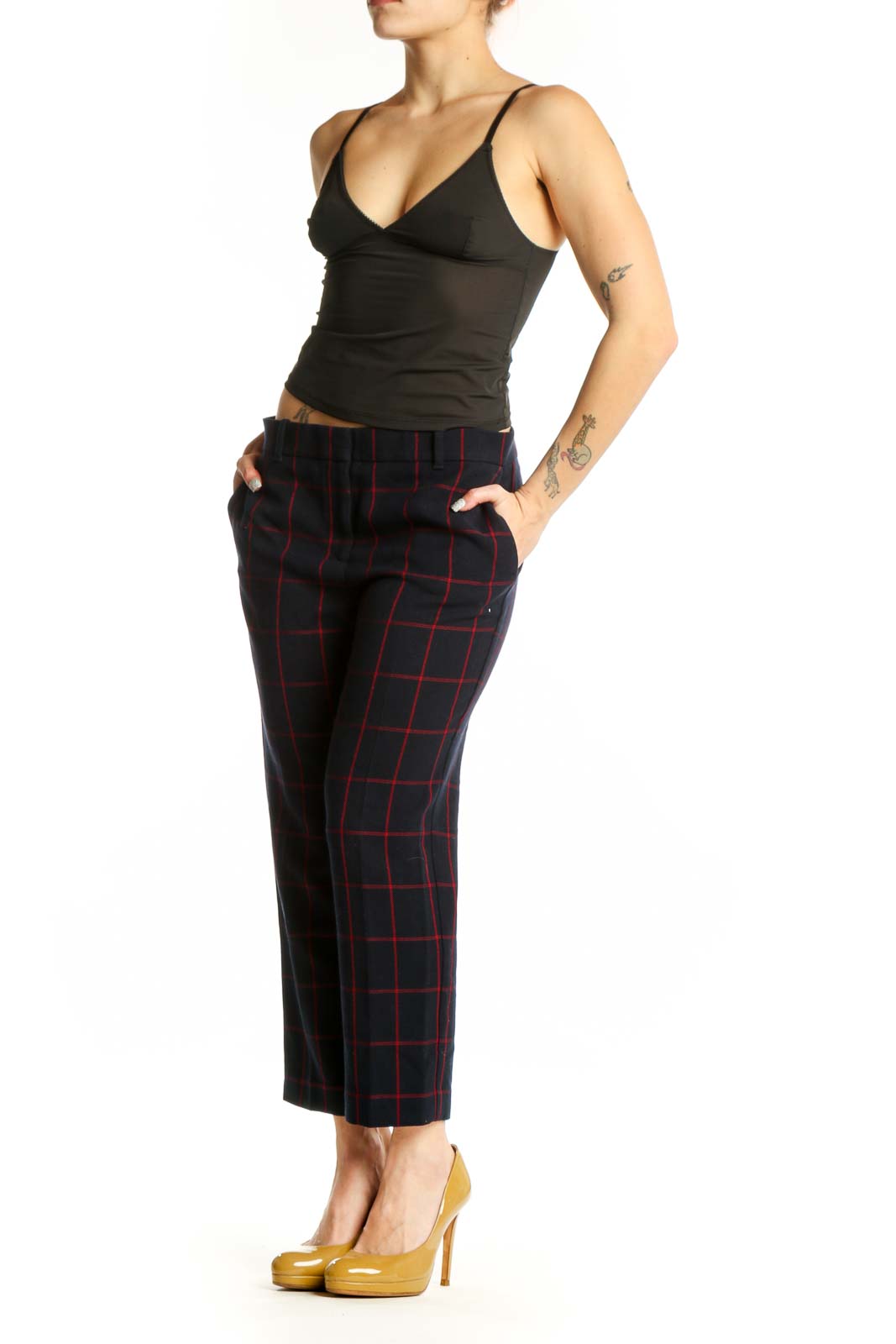Navy and red plaid cropped dress pants front view, Ann Taylor size small