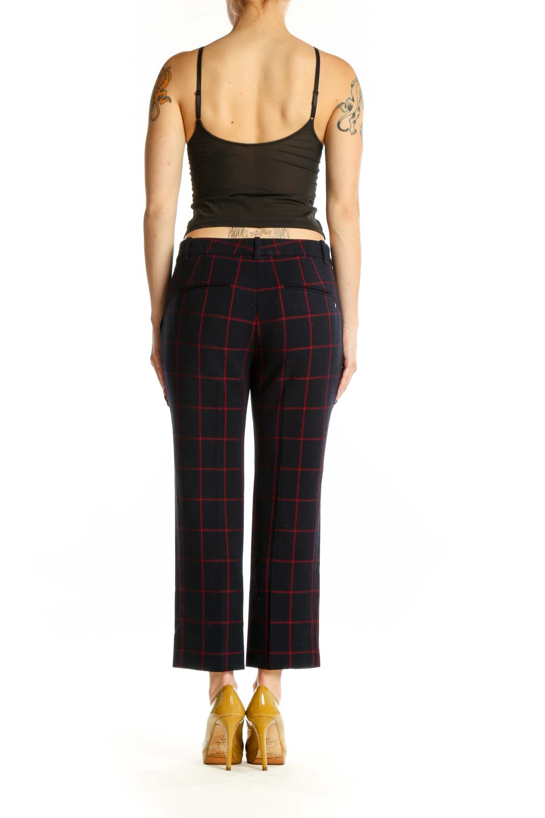 Navy and red plaid cropped dress pants back view, showing fit and ankle length