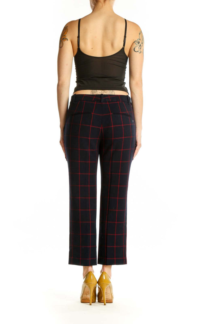 Navy and red plaid cropped dress pants back view, showing fit and ankle length