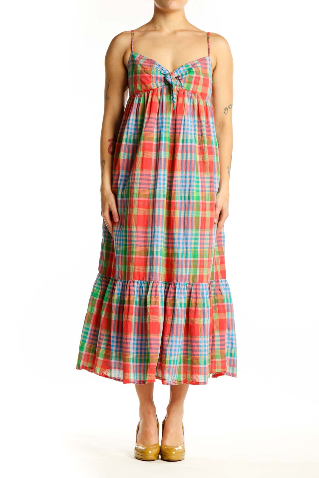 Front view of multicolor plaid cotton midi dress with sweetheart neckline and tiered ruffle hem