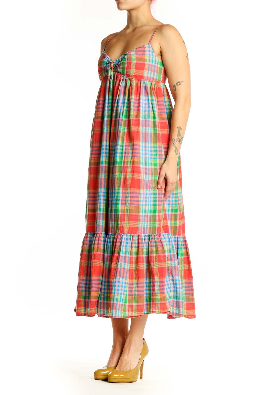 Front view of multicolor plaid cotton midi dress with sweetheart neckline and tiered ruffle hem