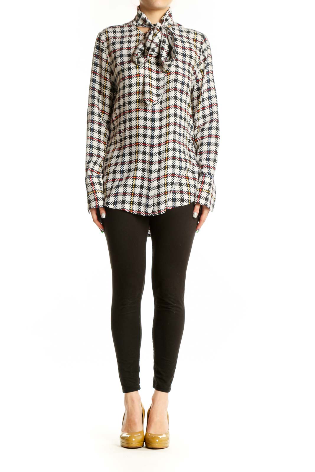Front view of multicolor houndstooth silk blouse with pussy bow neckline by Equipment Femme