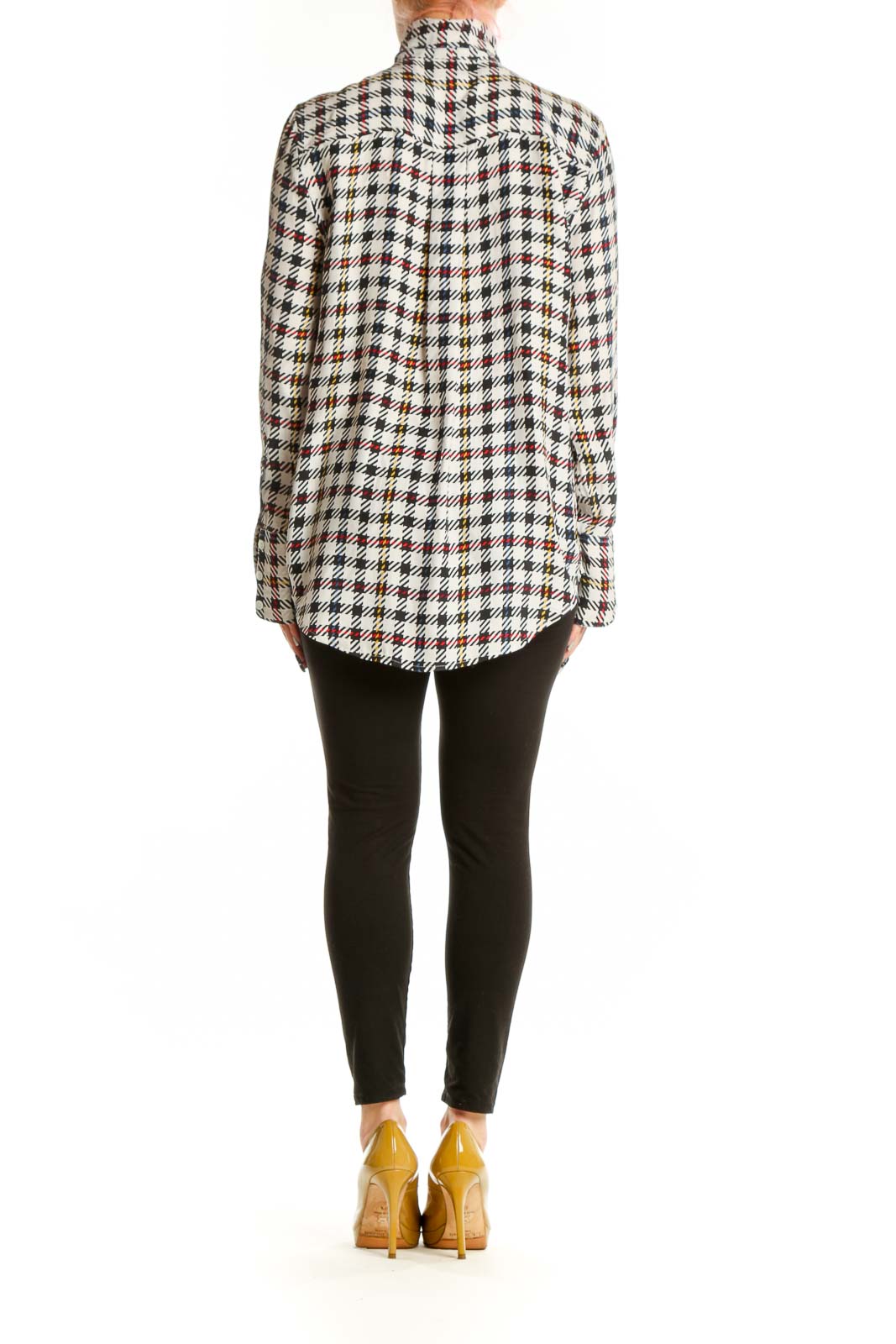 Back view of multicolor houndstooth silk blouse showing button-up closure and long sleeves
