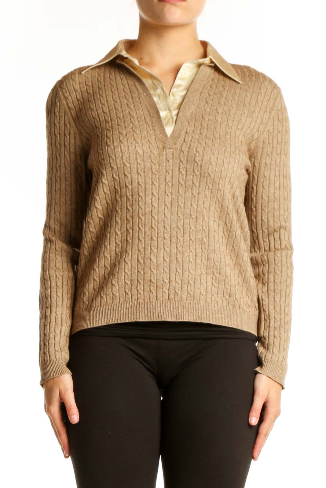 Beige cable knit cashmere and silk pullover with cream collared neckline, front view