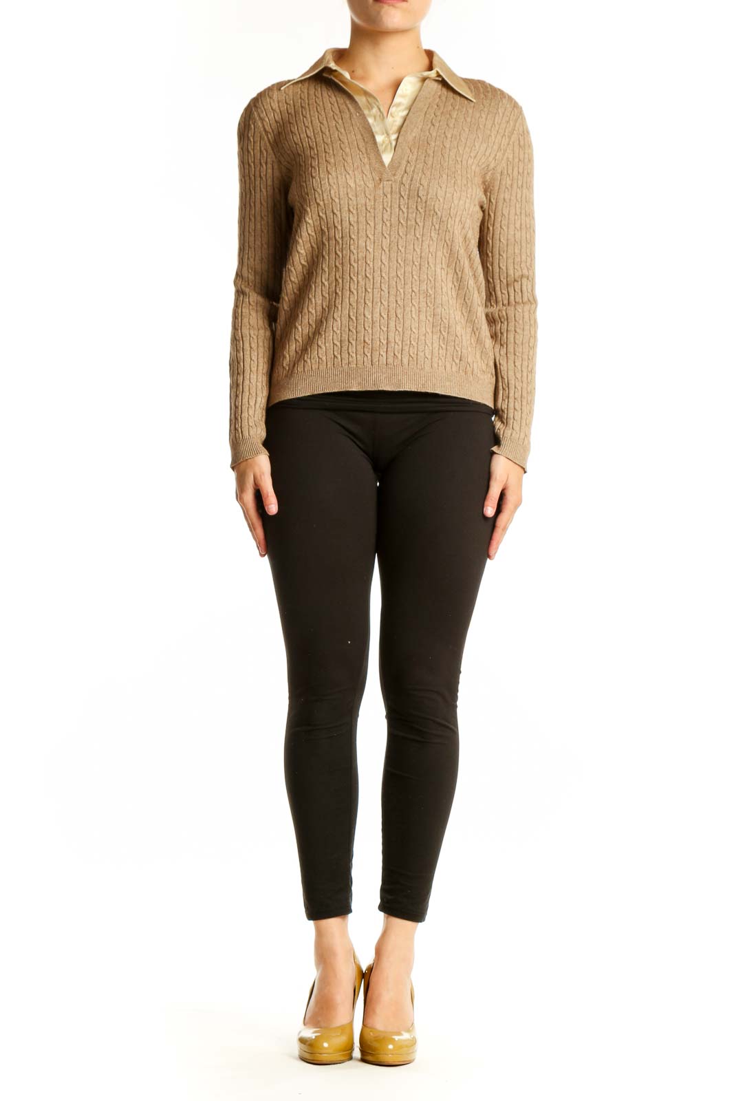 Beige cable knit cashmere and silk pullover with cream collared neckline, front view