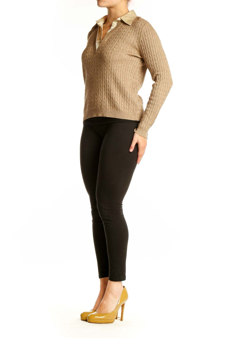 Beige cable knit cashmere and silk pullover with cream collared neckline, front view